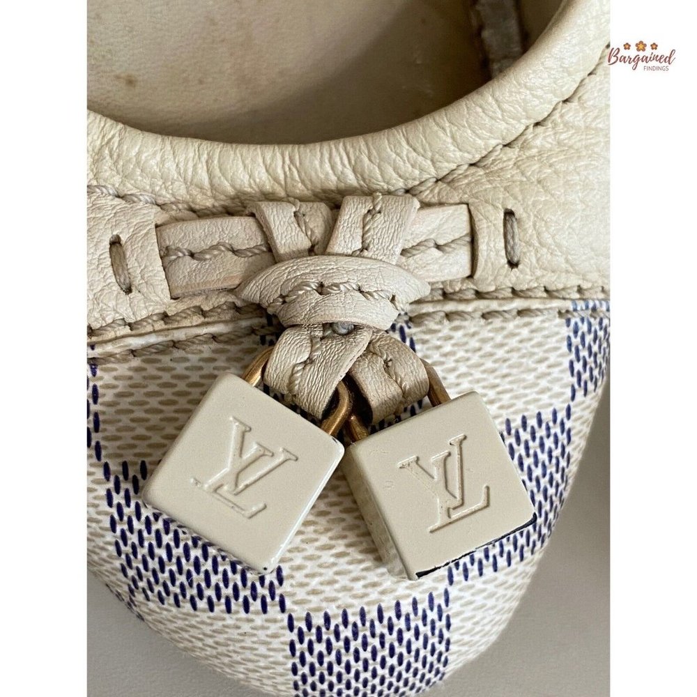 Auth Louis Vuitton Damier Azur Leather Lovely Scrunch LV Cube Ballet Flats 6.5 - Picture 2 of 13